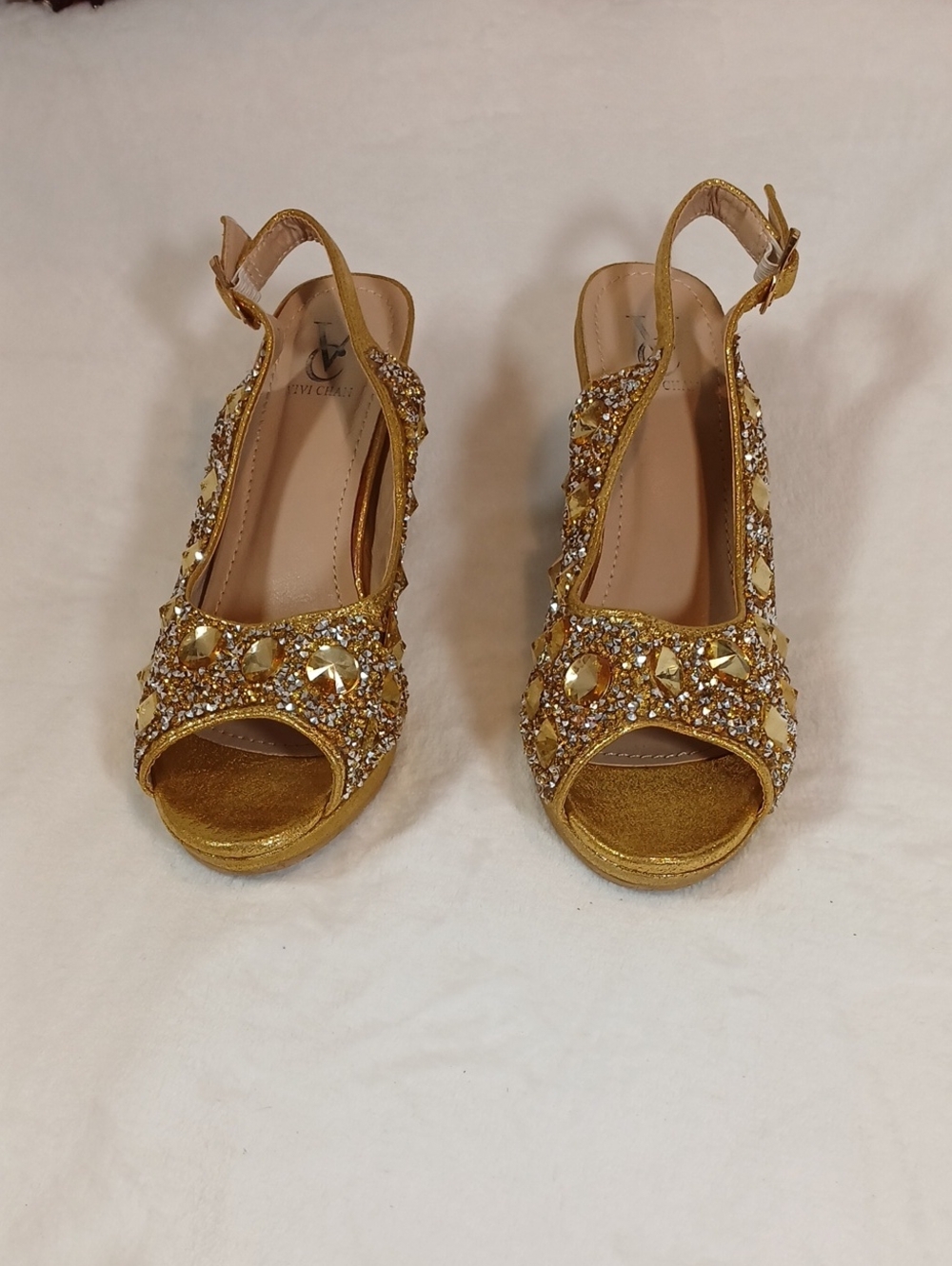 Vivi Chan Embellished Gold Open-Toe Slingback Heels Sz 40